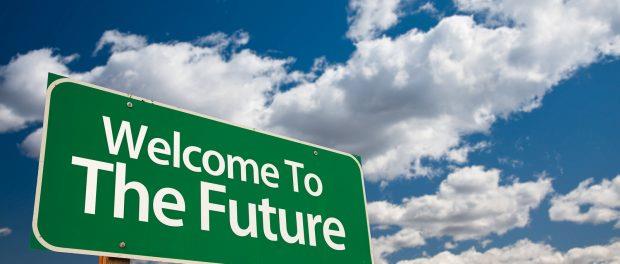 Welcome To The Future Green Road Sign with Copy Room Over The Dr