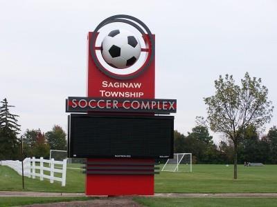 The welcoming sign for the Saginaw Township Soccer Complex in Saginaw, Michigan 