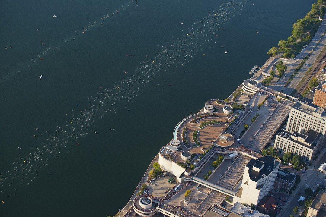 Ironman aerial photo courtesy of Joe Oliva courtesy of Monona Terrace”.