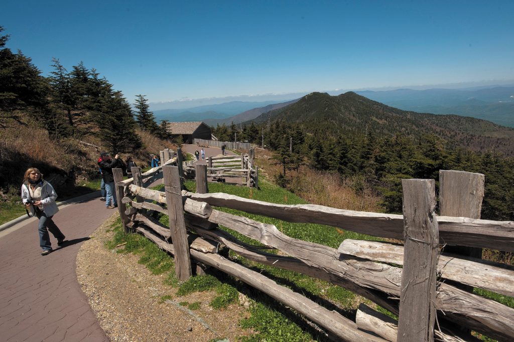 A paved path leads from the summit parking lot to the observation deck atop Mount Mitchell.