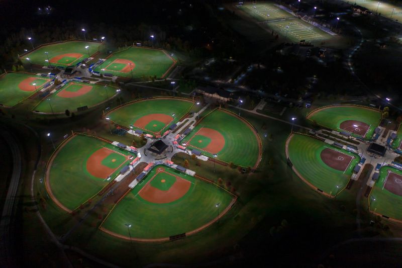 An aerial shot of Elizabethtown Sports Park’s top-notch diamonds—perfect for night games.