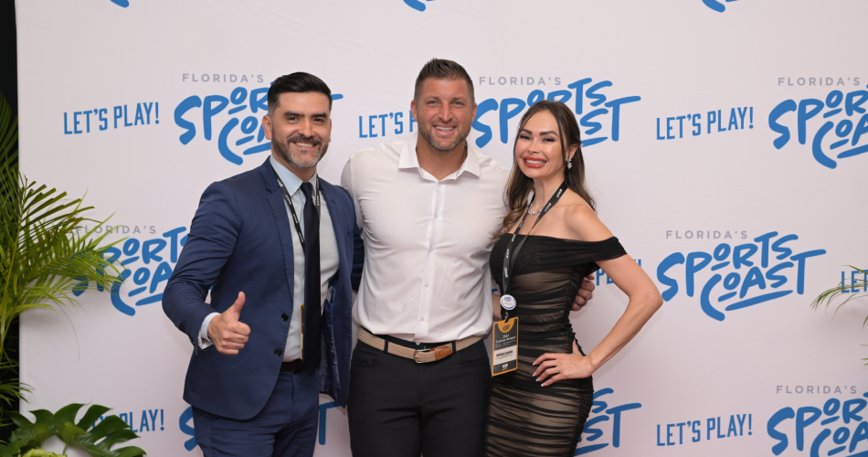 Consuelo Sanchez and her husband meet Tim Tebow during the 2024 Florida’s Sports Coast Annual Tourism Banquet and Awards