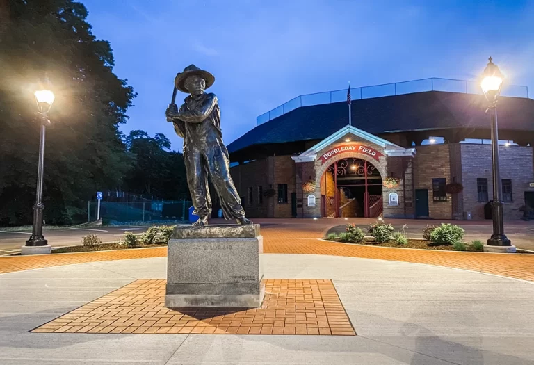 Doubleday Field Sandlot Kid statue Cooperstown Main Street Summer Kerrie Tandal 768x525