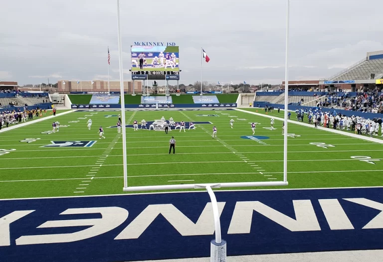 McKinney ISD Stadium 2nd floor looking through goal post 768x525