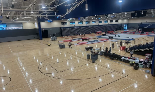 aerial view of gymnastics competition set-up
