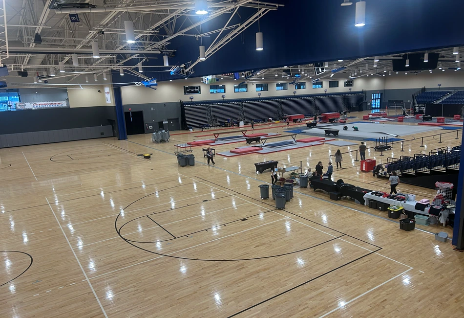 aerial view of gymnastics competition set-up